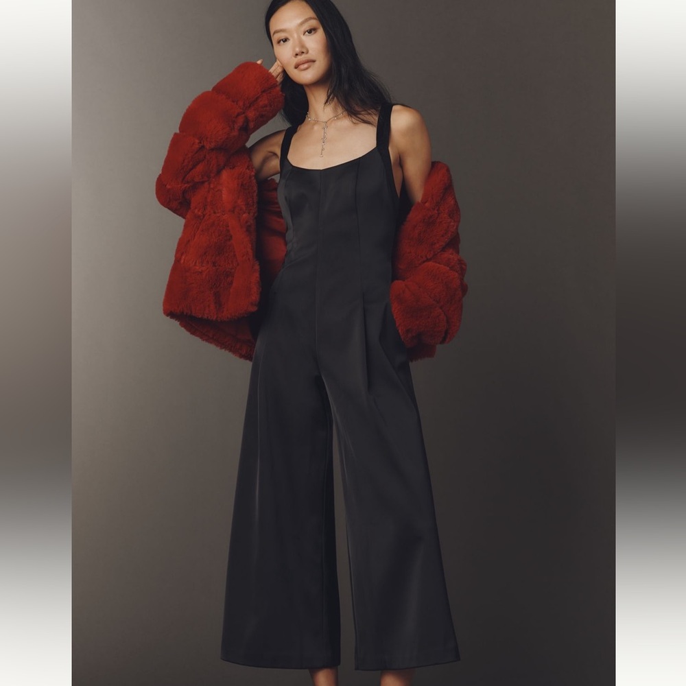 Anthropologie Black Wide-Leg Satin Jumpsuit